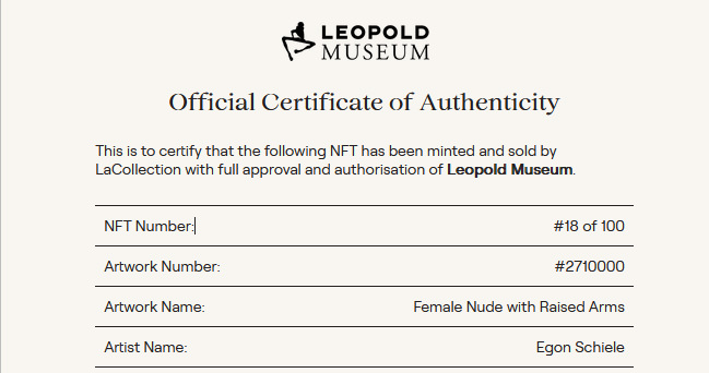 Leopold Museum - Zertifikat NFT von Egon Schiele "Weiblicher Akt mit erhobenen Unterarmen" - www.wien-erleben.com